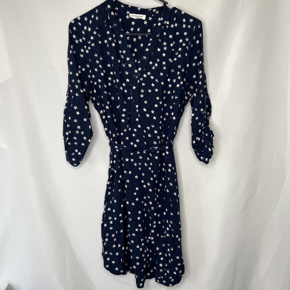Beachlunchlounge Star Print Belted Dress Womens Medium Navy Blue Patriotic Pocke